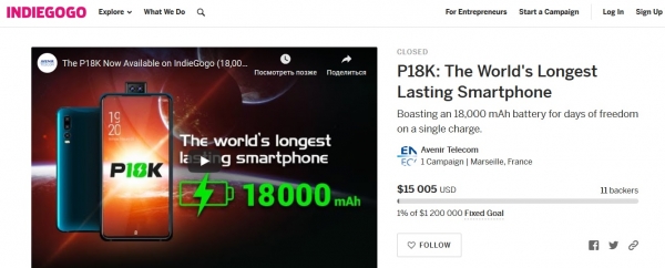 Смартфон-кирпич Energizer Power Max P18K Pop провалился на Indiegogo, собрав всего 1% суммы