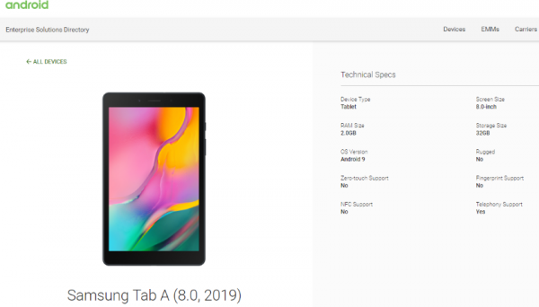 Не только Galaxy Tab S5: Samsung готовит 8-дюймовый планшет Galaxy Tab A (2019) с чипом Snapdragon 429